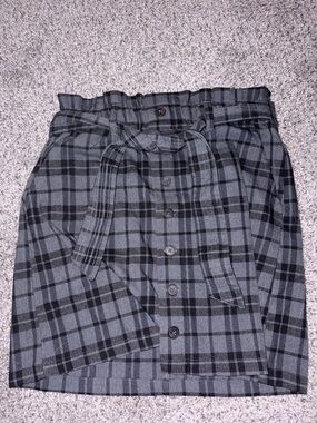 Jolt Black and Gray Plaid Button-Front Mini Skirt with Waist Tie